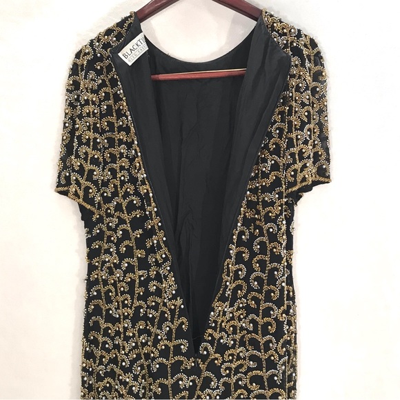 Vtg 100% silk Black Tie Oleg Cassini beaded cocktail party dress black gold - Picture 6 of 11